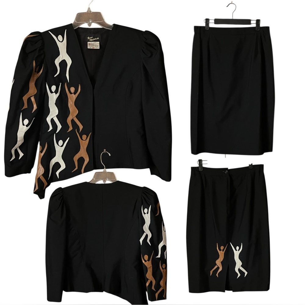 VTG. 80’s Sonni MackeliskI Zimbabwe Asymmetrical Leather figures Jacket Set. M - Picture 2 of 14
